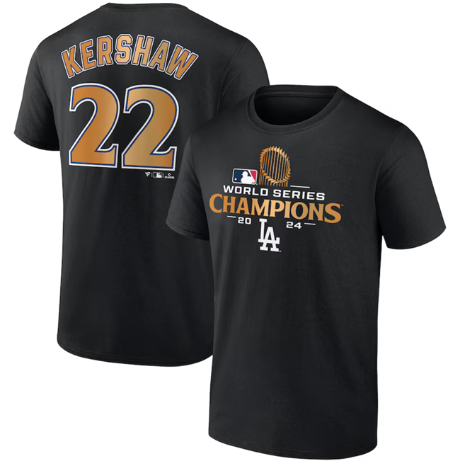 Men's Black Los Angeles Dodgers #22 Clayton Kershaw 2024 World Series Champions Name & Number T-Shirt